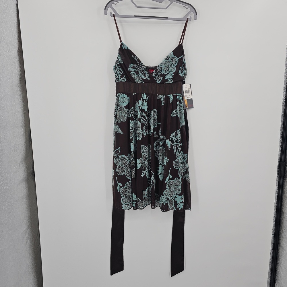 Ruby Rox Brown Teal Floral‎ Print Spaghetti Strap Flounce Dress Women Large Y2K